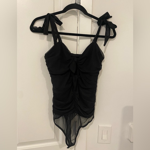 LuLus Eye On Me Black Mesh Tie-Front Ruched Bodysuit (MEDIUM) - Picture 6 of 10